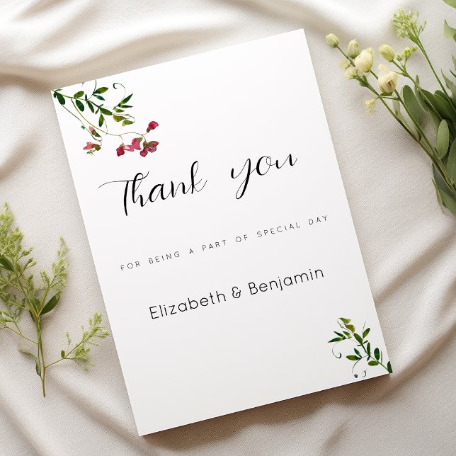 Invitation Fleurs roses rouges et vertes botaniques simples M (Simple botanic pink red green flowers Thank You )