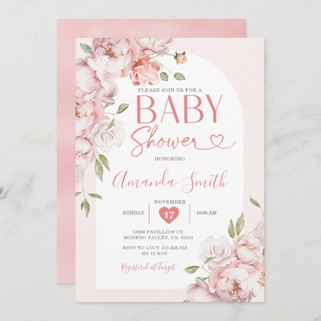 Invitation Fleurs Roses Rouges Fille Baby shower Vert (Devant / Derrière)