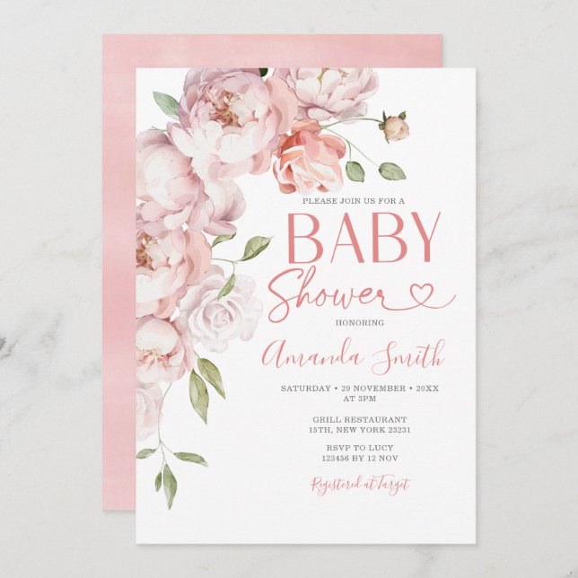 Invitation Fleurs Roses Rouges Fille Baby shower Vert (Devant / Derrière)