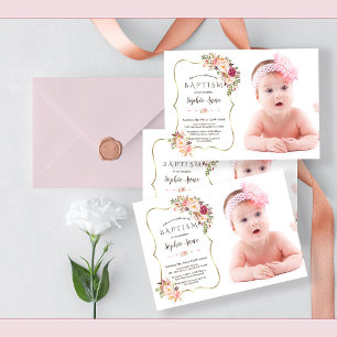 Invitation Fleurs Roses Rouges Gold Girl Photo Baptême