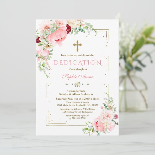Invitation Fleurs Roses Rouges Parties scintillant Or Dédicat (Debout devant)