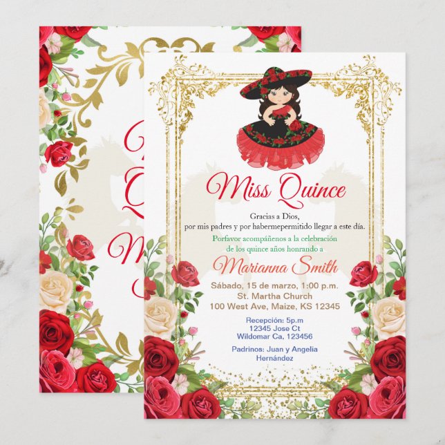 Invitation Fleurs Roses Rouges Quinceanera,  (Devant / Derrière)