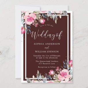 Invitation Fleurs Roses Rouges Rouges Bourgogne Mariage éléga