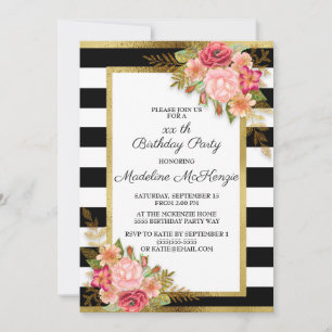 Invitation Fleurs roses rouges sur fond noir et blanc rayé av
