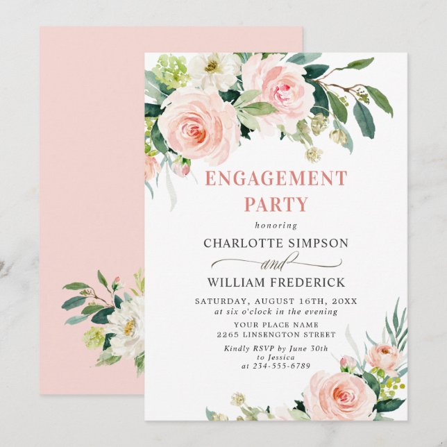 Invitation Fleurs Roses Rouges Verdure FÊTE DE FIANÇAILLES (Devant / Derrière)