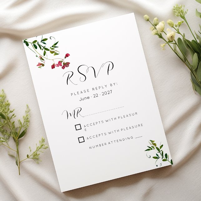 Invitation Fleurs roses rouges vertes simples RSVP (Simple botanic pink red green flowers RSVP)
