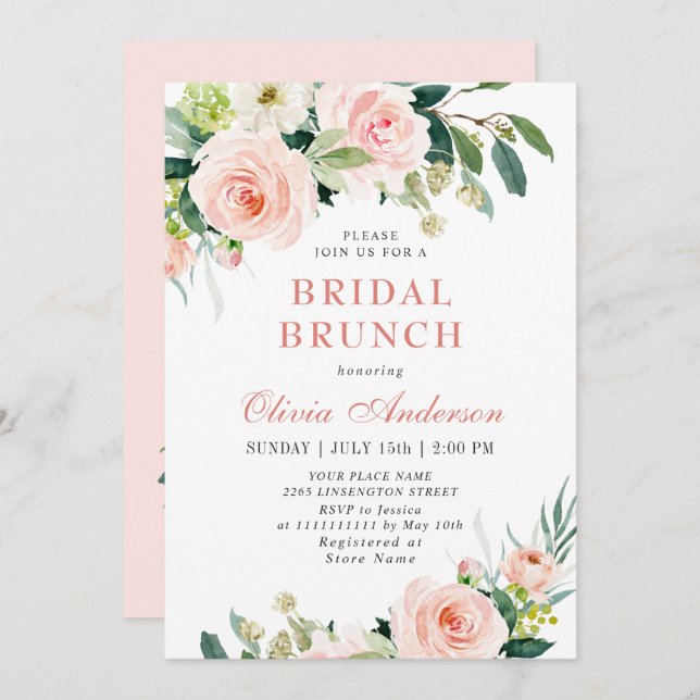 Invitation Fleurs roses rousses Aquarelle Brunch nuptial (Devant / Derrière)
