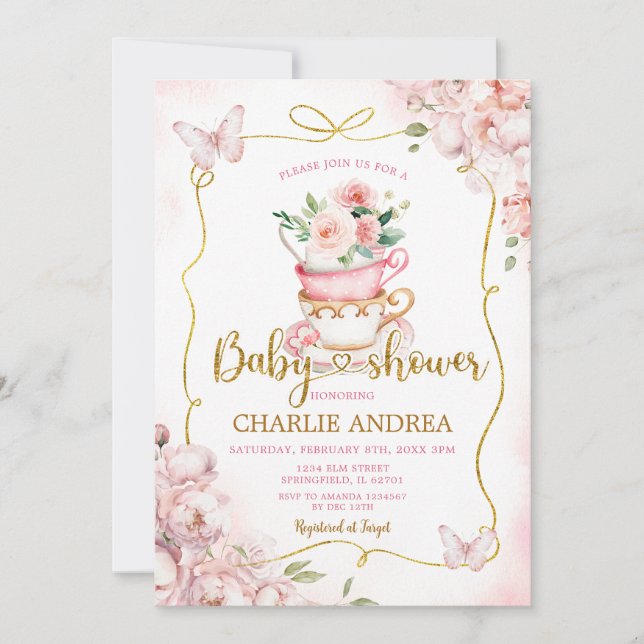 Invitation Fleurs roses rousses Baby shower de la fête du thé (Devant)