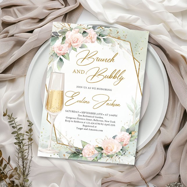 Invitation Fleurs roses rousses eucalyptus brunch et mousseux (Watercolor delicate blush roses eucalyptus and gold frame brunch and bubbly invitation template)
