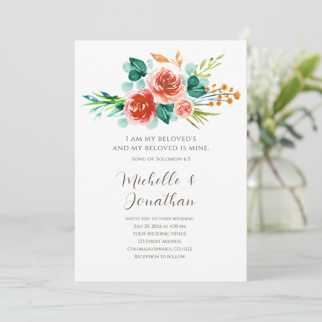 Invitation Fleurs roses rousses Verdure Bible Verse Mariage (Debout devant)