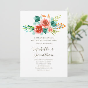 Invitation Fleurs roses rousses Verdure Bible Verse Mariage