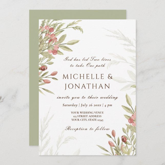 Invitation Fleurs roses rousses Verdure Mariage chrétien (Devant / Derrière)