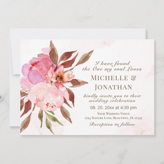 Invitation Fleurs roses rousses Verdure Mariage chrétien (Devant)