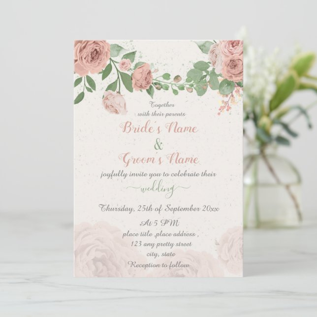 Invitation fleurs roses rousses vert feuille mariage (Debout devant)
