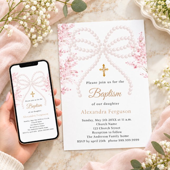 Invitation Fleurs roses ruban fille Baptême (Créateur téléchargé)