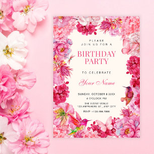 Invitation Fleurs roses rustiques florales anniversaire