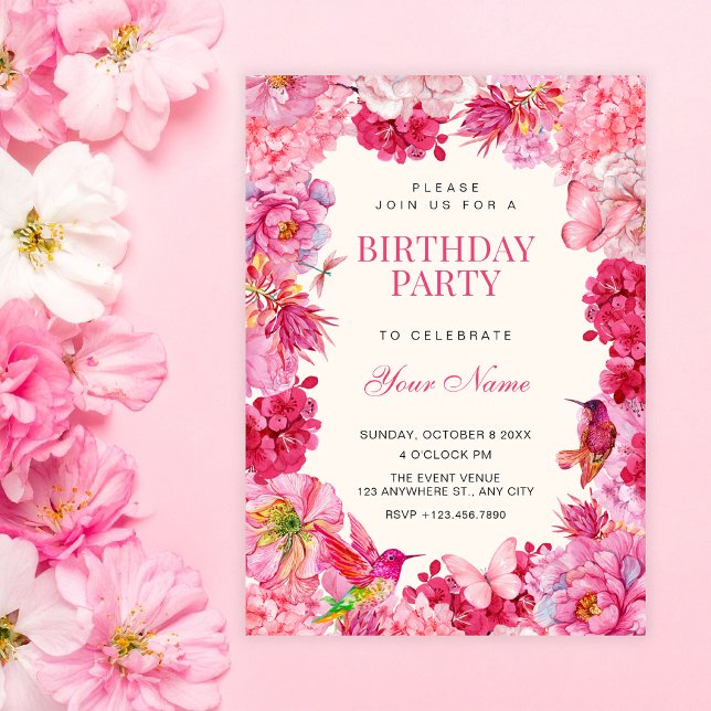 Invitation Fleurs roses rustiques florales anniversaire (Créateur téléchargé)