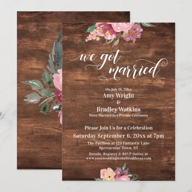 Invitation Fleurs roses rustiques Nous sommes mariés Réceptio (Devant / Derrière)
