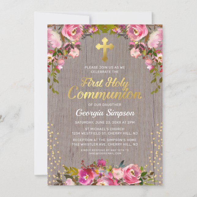 Invitation Fleurs roses rustiques pour la première communion (Devant)
