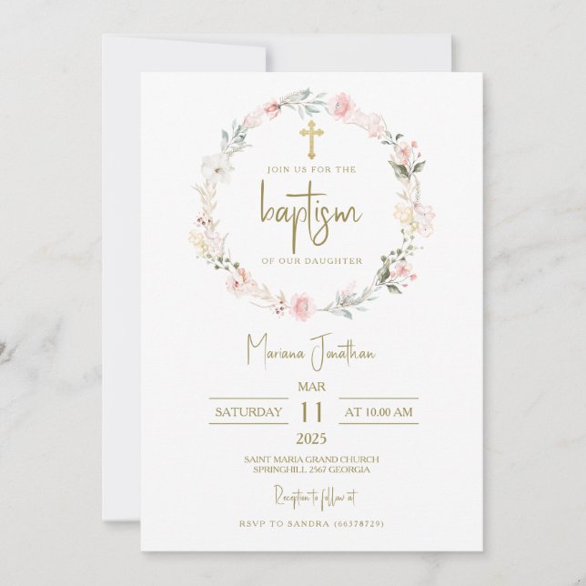 Invitation Fleurs Roses Rustiques Texte Baptême (Devant)