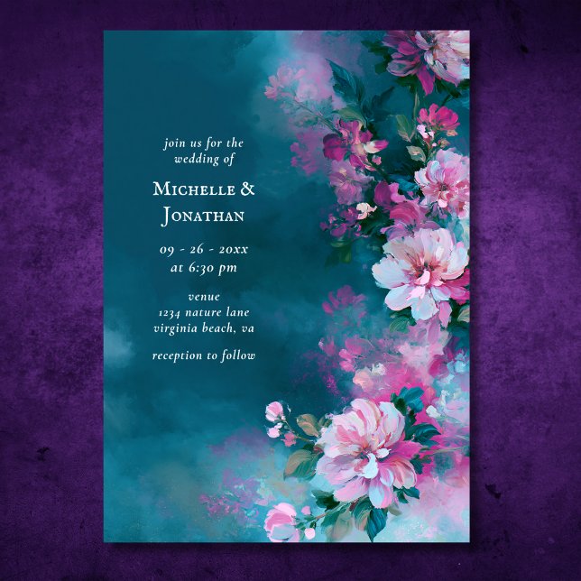 Invitation Fleurs roses sarcelle romantiques | Mariage floral (Romantic Teal Pink Flowers  Floral Wedding Invitation Front)