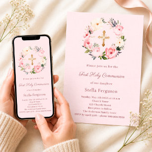 Invitation Fleurs roses saumon pour la Première Communion