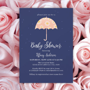 Invitation Fleurs roses simples Baby shower parapluie fille