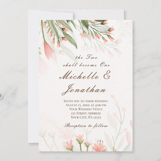 Invitation Fleurs roses simples Verdure Mariage chrétien (Devant)