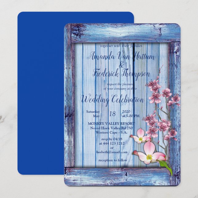 Invitation Fleurs roses sur la texture de bois bleu (Devant / Derrière)