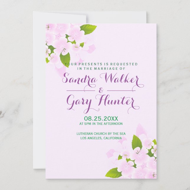 Invitation Fleurs roses sur Mariage Arrière - plan rose clair (Devant)