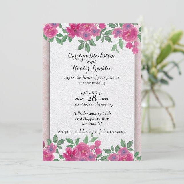 Invitation Fleurs roses sur Mariage blanc et rose (Debout devant)