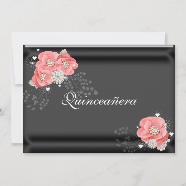 Invitation Fleurs roses sur Noir, Quinceañera, 15e anniversai (Devant)