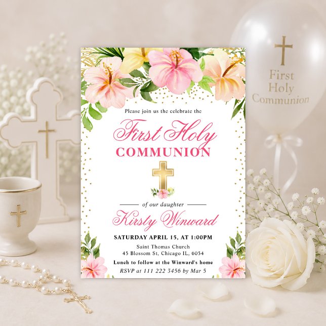 Invitation Fleurs Roses Tropicales Première Sainte Communion (Créateur téléchargé)