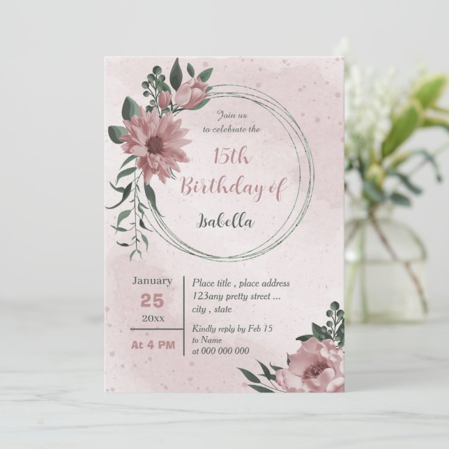 Invitation fleurs roses verdure couronne anniversaire (Debout devant)