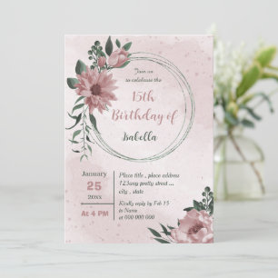 Invitation fleurs roses verdure couronne anniversaire