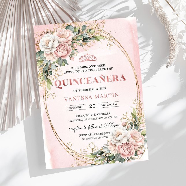 Invitation Fleurs roses verdure Fête d'anniversaire 15 ans   (Blush Pink Flowers Greenery 15th Birthday Party Invitation

)