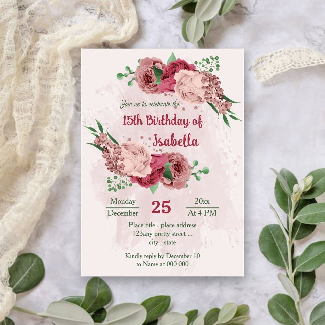 Invitation fleurs roses vert feuille anniversaire botanique (Créateur téléchargé)