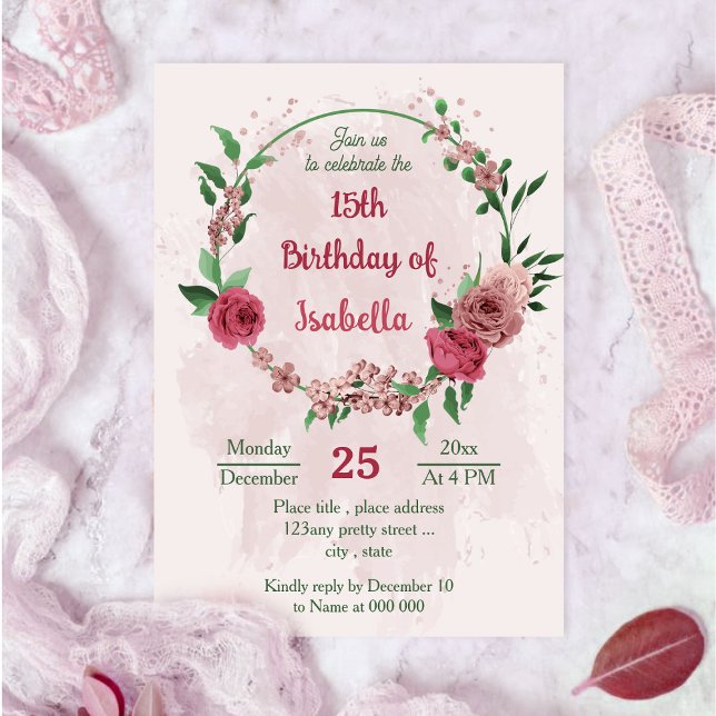 Invitation fleurs roses vert feuille anniversaire botanique (Créateur téléchargé)