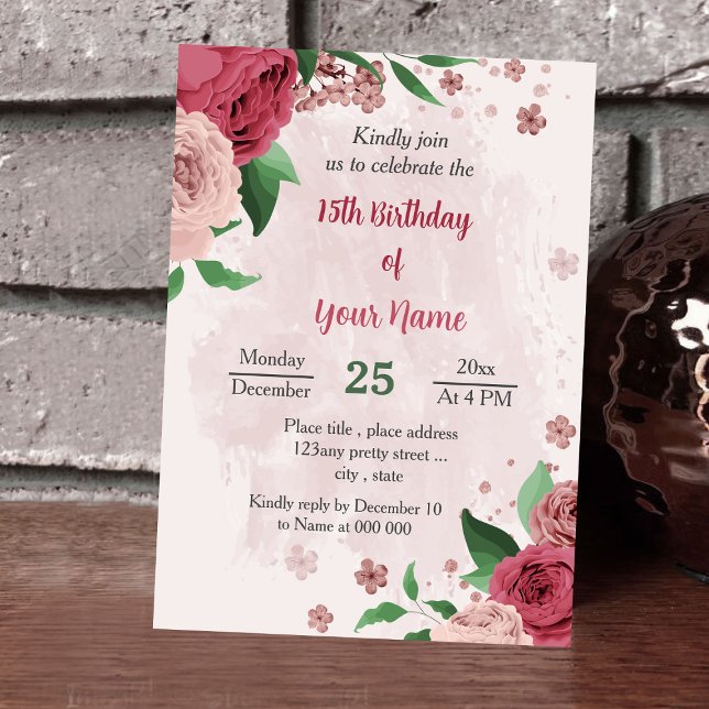 Invitation fleurs roses vert feuille anniversaire botanique (Créateur téléchargé)