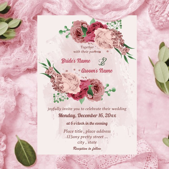 Invitation fleurs roses vert feuille mariage botanique (Créateur téléchargé)