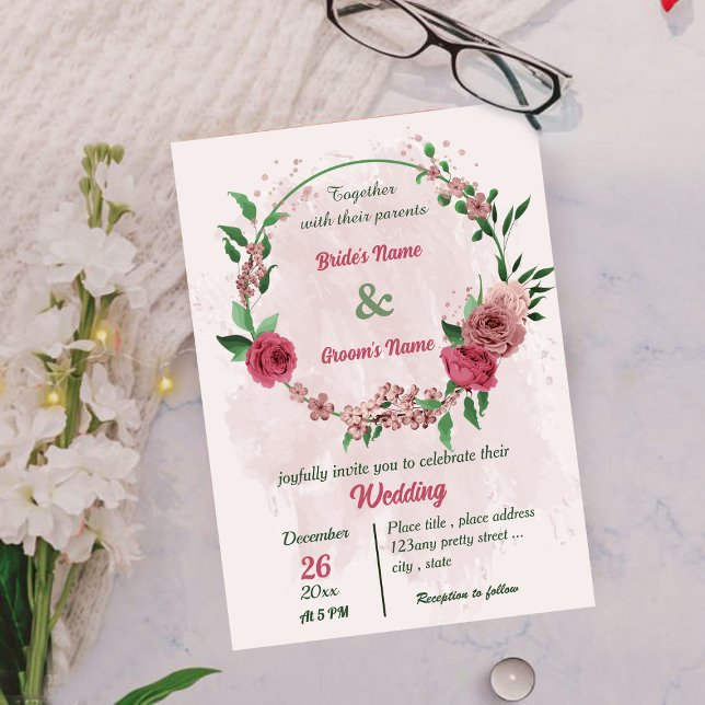 Invitation fleurs roses vert feuille mariage botanique (Créateur téléchargé)