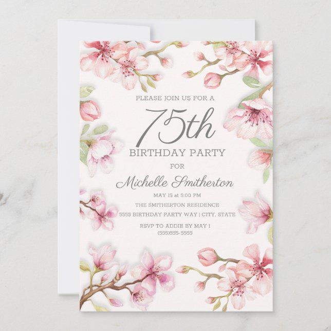 Invitation Fleurs roses Vert Feuilles 75e anniversaire (Devant)
