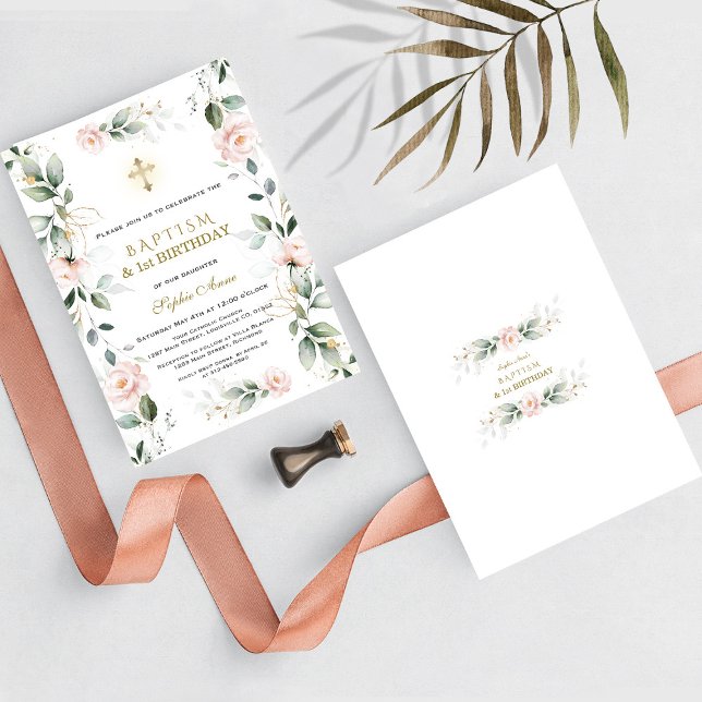Invitation Fleurs roses vertes Baptême 1er anniversaire (floral greenery baptism 1st birthday, trendy, elegant, modern baptism first birthday invitation)