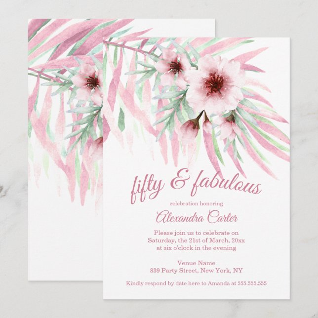 Invitation Fleurs roses vertes blanches aquarelle merveilleus (Devant / Derrière)