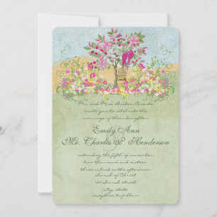 Invitation Fleurs Roses Vertes Tourbillonnantes Amour Oiseaux