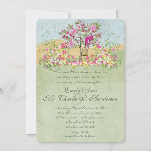 Invitation Fleurs Roses Vertes Tourbillonnantes Amour Oiseaux (Devant)