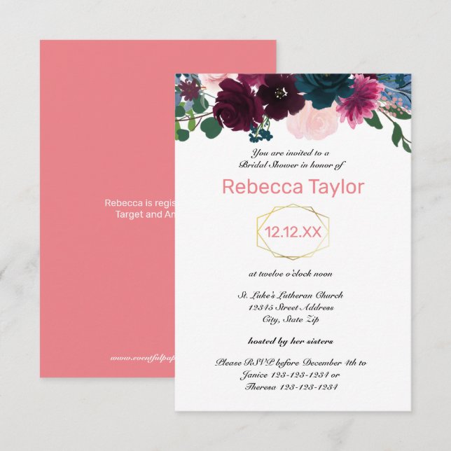 Invitation Fleurs roses verticales - Lavage de mariée 3x5 (Devant / Derrière)
