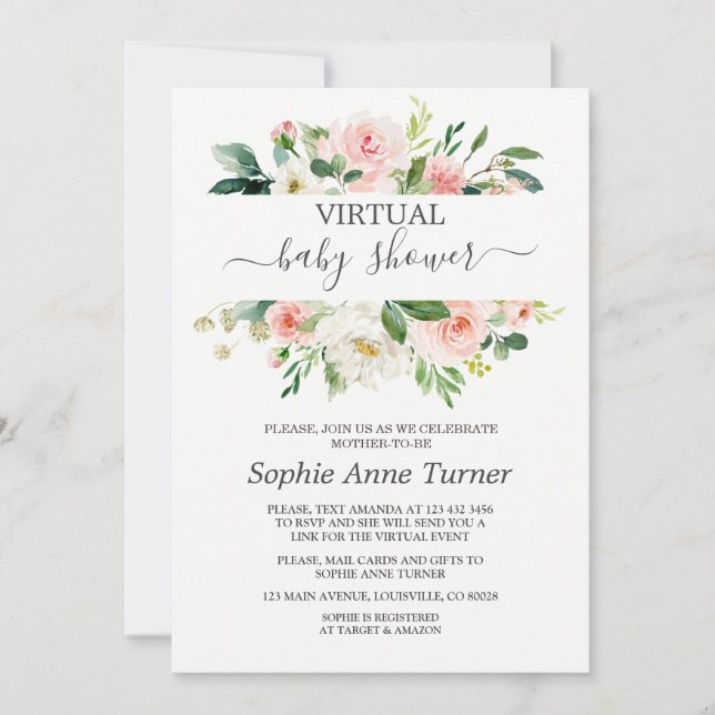 Invitation Fleurs Roses Vierges Baby shower Virtuel Par Courr (Devant)