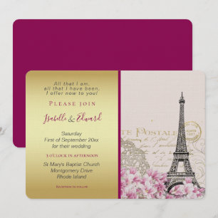 Invitation Fleurs Roses Vintage Tour Eiffel Or & Bourgogne