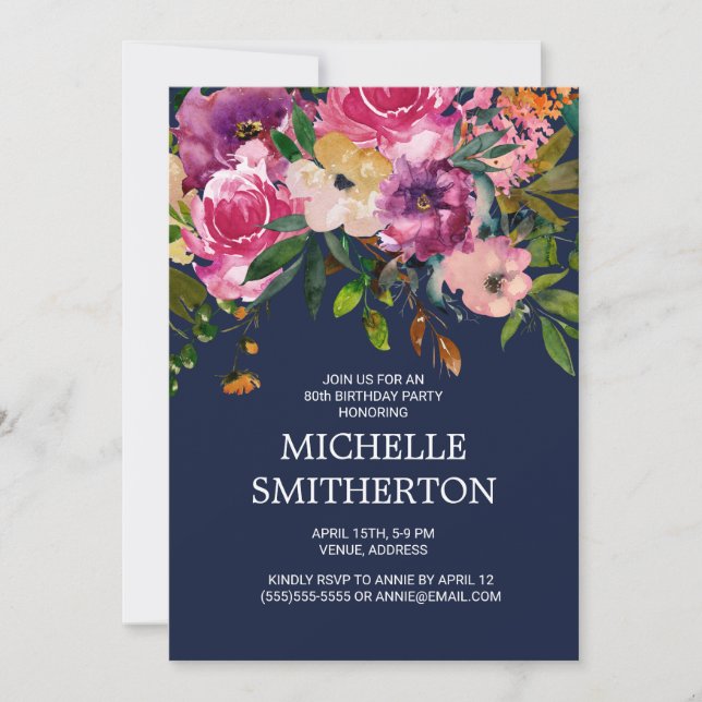 Invitation Fleurs roses violettes 80 ans Bleu marine (Devant)